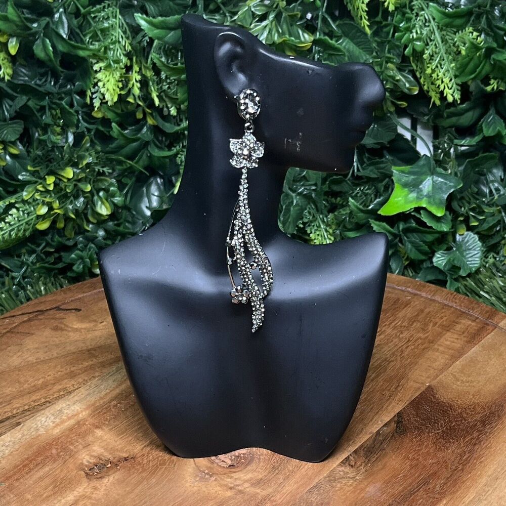 Earrings Women Dark Silver Tone And Stone Fashion Dangle Drop 4.5 Inch‎ 2127